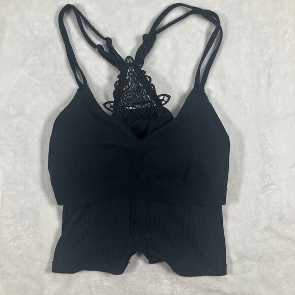 Aerie Size XL Women's Lace Racerback Built In Bra Cropped Tank Top Black Ribbed - Picture 6 of 14